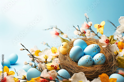 Nest Filled With Blue and Yellow Eggs
