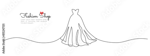 Wedding dress in one continuous line drawing. Fashion clothes symbol for bridal shop and invitation design in simple linear style. Editable stroke. Doodle outline vector illustration