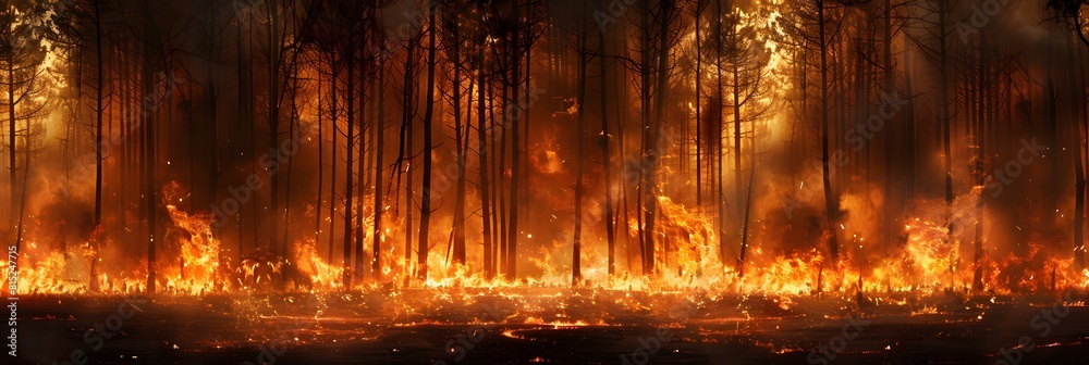 A forest on fire, flames engulfing tall trees in the woods. A large scale wildland burning event with thick smoke and orange heat haze creating an intense scene of destruction 