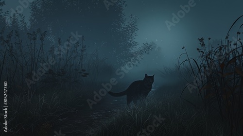 A cat is sitting in the grass in a foggy forest