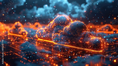 Digital landscape with data clouds storing information, futuristic technology theme, twilight, overhead view
