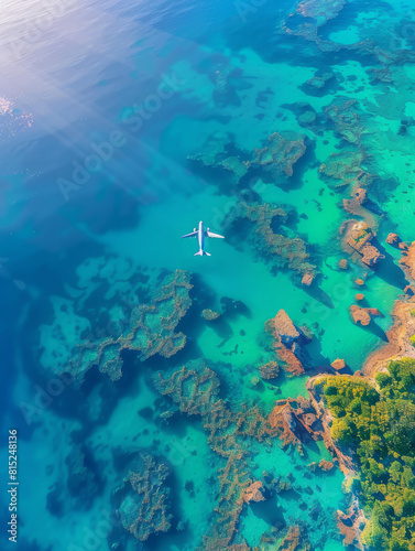 An aerial shot capturing a plane flying low over vivid turquoise waters and intricate coral reef structures