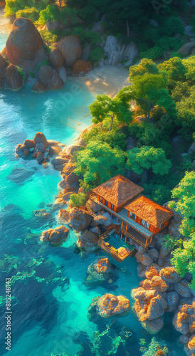 Captivating digital artwork of a coastal house with warm sunlight shining on the rocky shore and lush greenery