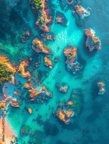 Detailed drone image of the coastal landscape showing a tapestry of colorful reefs in clear blue waters