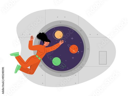 Cosmonaut woman at spaceship vector concept
