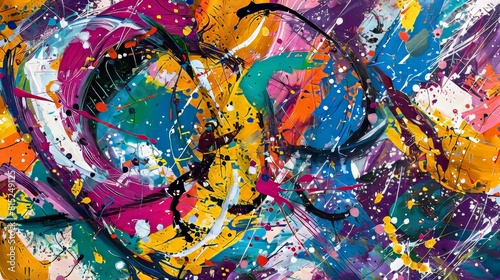 A colorful painting with splatters of paint that looks like a chaotic explosion