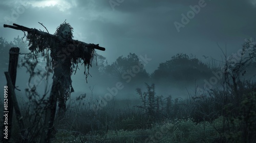 A creepy scarecrow is standing in a field of tall grass