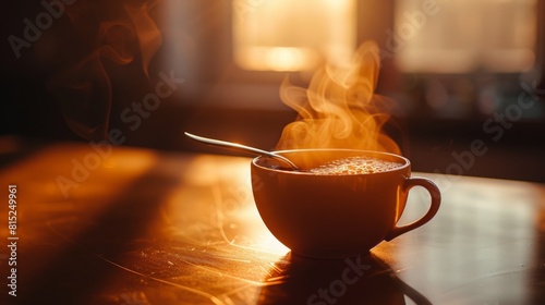 A cup of coffee with steam rising from it