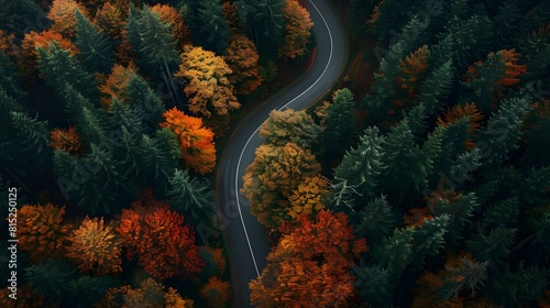 Aerial view of a winding road in the Pacific Northwest forest in autumn © Love Muhammad