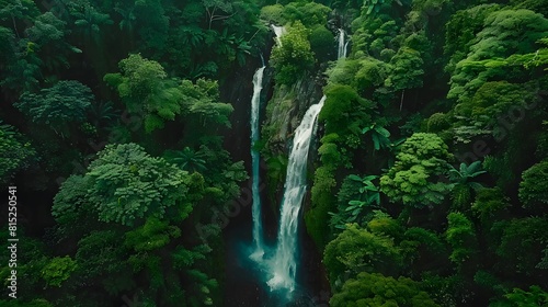 Aerial view waterfall in lush tropical green forest. Nature landscape. Mae Ya Waterfall is situated in Doi Inthanon National Park  Chiang Mai  Thailand. Waterfall flows through jungle on mountainside