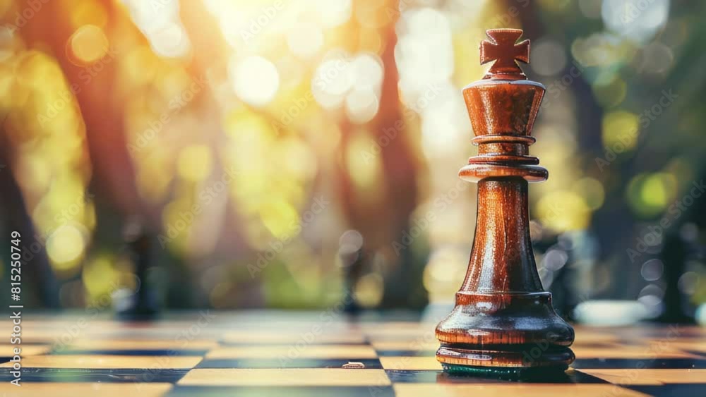 Close-up of wooden king chess piece on board with blurred green background