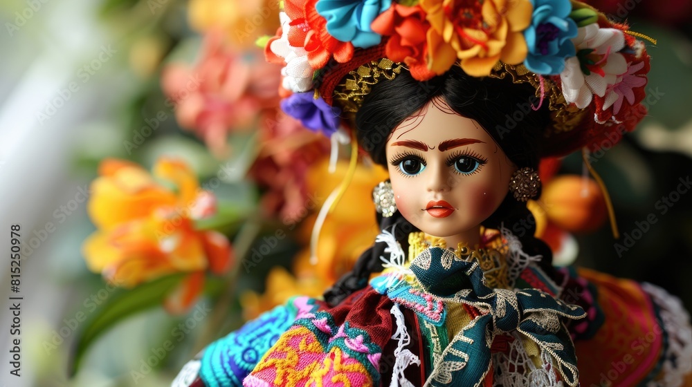 A handcrafted Mexican doll named Lele is dressed in vibrant traditional attire from Queretaro Mexico A handcrafted Mexican doll named Lele is dressed in vibrant traditional attire from Queretaro Mexico