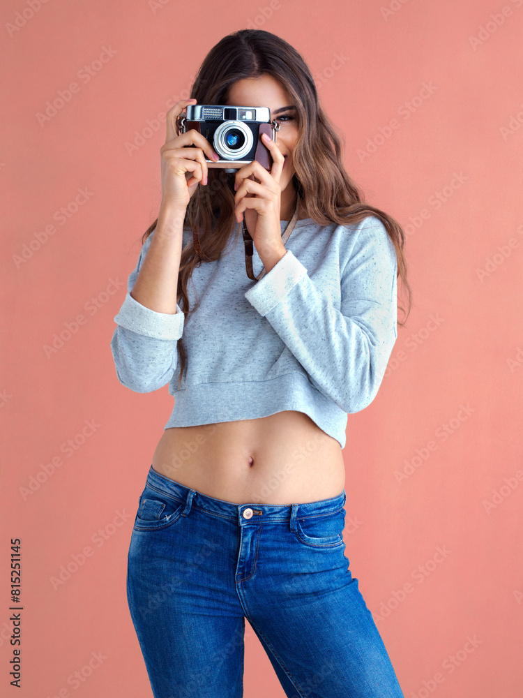 Happy, woman and camera with retro, lens and photography in studio with smile. Gen z, vintage and excited with photo and creative college student with photographer with colorful background and fun Happy, woman and camera with retro, lens and photography in studio with smile. Gen z, vintage and excited with photo and creative college student with photographer with colorful background and fun
