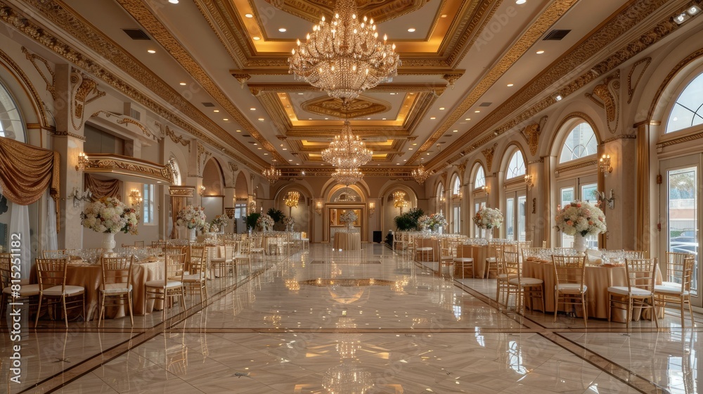 Glamorous ballroom setting with crystal chandeliers and gold accents.