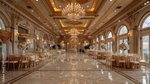 Glamorous ballroom setting with crystal chandeliers and gold accents.