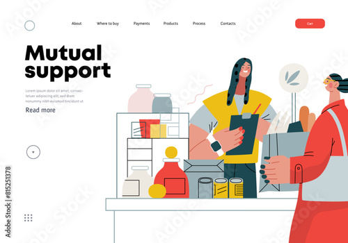 Mutual Support: Bringing groceries to food bank -modern flat vector concept illustration of people donating food to food pantry A metaphor of voluntary, collaborative exchanges of resource, services