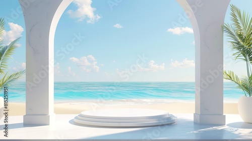 podium with daylight beach background