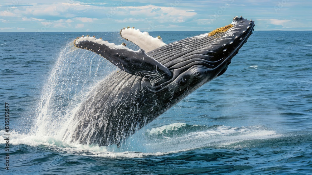 Fototapeta premium A majestic whale breaches with ocean spray