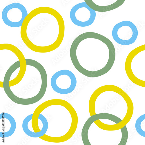 Seamless pattern, vector illustration with the colors of Brazil. Blue, white, green and yellow. Rings, chains, irregular shapes, hand-drawn lines. Brazilian theme, party, carnival, print for fabric.