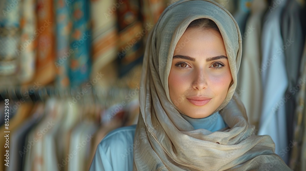 A photo set in a wedding dress shop featuring an attractive Arab Saudi hijabi woman standing in front of a white close A photo set in a wedding dress shop featuring an attractive Arab Saudi hijabi woman standing in front of a white close