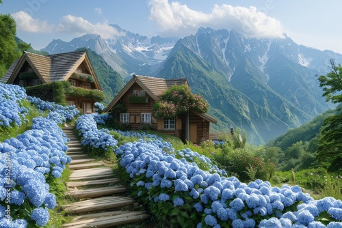 House Surrounded by Blue Flowers in the Mountains photo