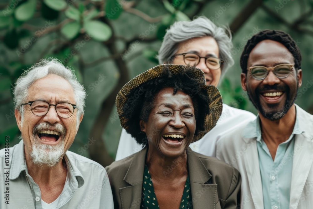Group of diverse senior friends having fun outdoors. Multiethnic group of people bonding outdoors. Group of diverse senior friends having fun outdoors. Multiethnic group of people bonding outdoors.
