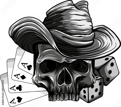 vector illustration of Skull cowboy with poker card and dice