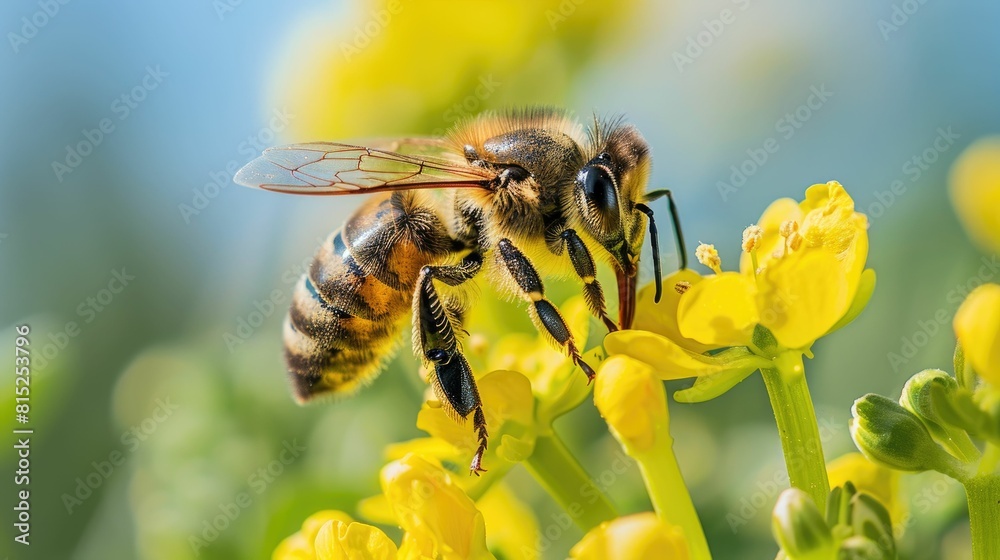 Bee collects pollen on a sunny day