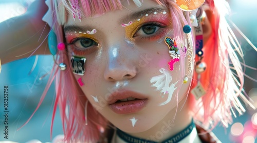 A teenage girl with trendy pink and white hair and vibrant makeup adorned with stickers and decorative bandages on her face exudes an anime inspired style photo