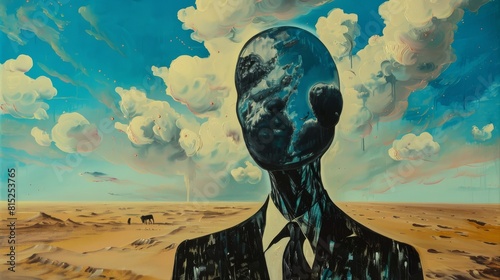 A painting of a face with a storm cloud above it
