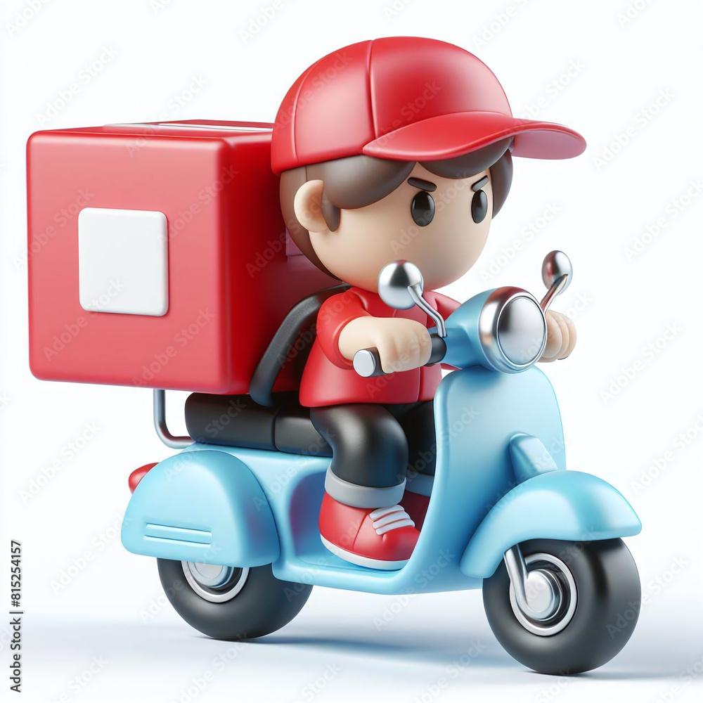 3D icon illustration of a delivery boy driving a light blue motorbike, app style, on white background