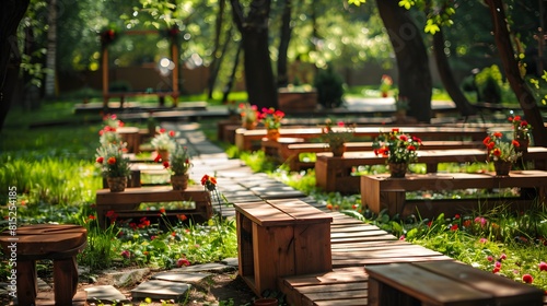 Beautiful romantic festive place made with wooden square and floral roses decorations for outside wedding ceremony in green park. Wedding settings at scenic place. Horizontal color photography