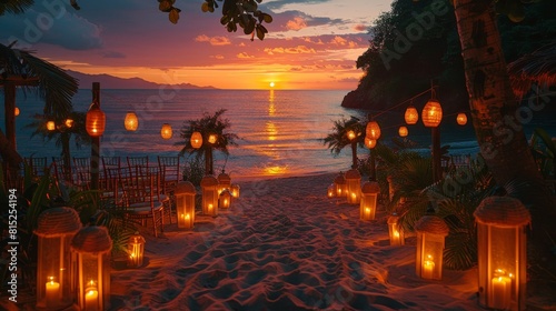 beach wedding decor  bamboo lanterns illuminate sandy aisle at sunset for a tropical beach wedding  creating a magical and intimate atmosphere