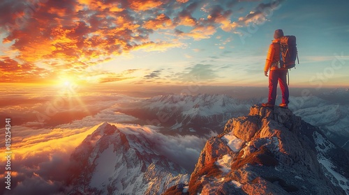 A lone hiker stands silhouetted against a fiery orange sunset, gazing out at a breathtaking mountain landscape