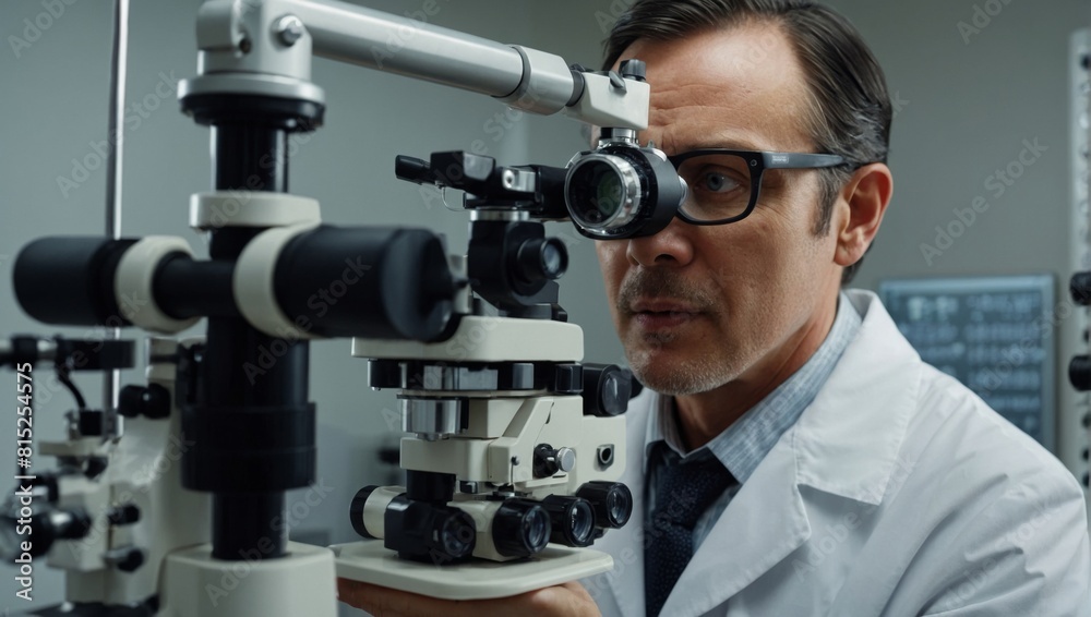 an ophthalmologist checks the equipment