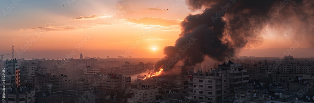 Black smoke and fire from an explosion in Gaza City, with a view of buildings on the horizon. A panoramic photo taken at sunset with a wide-angle lens