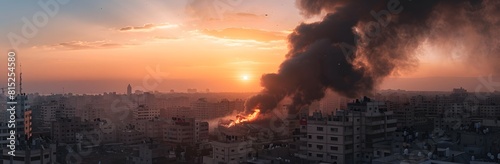 Black smoke and fire from an explosion in Gaza City, with a view of buildings on the horizon. A panoramic photo taken at sunset with a wide-angle lens