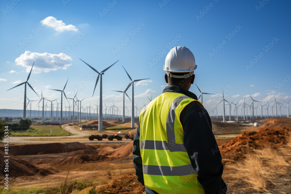 Engineers working with tablet on wind turbine farm background, Alternative energy sources concept, sustainability. Engineers working with tablet on wind turbine farm background, Alternative energy sources concept, sustainability.