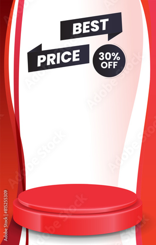 best sale discount portait template banner with blank space 3d podium for product sale with abstract gradient red background design