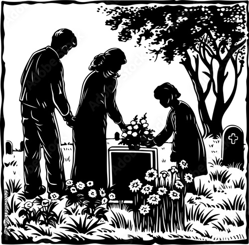 Family Mourning at Grave in Black and White Scene