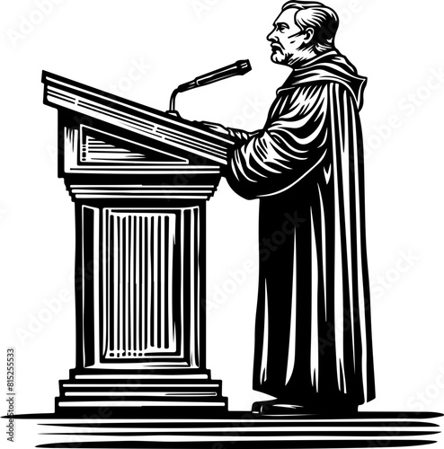 Monochrome Illustration of a Priest Speaking at a Podium