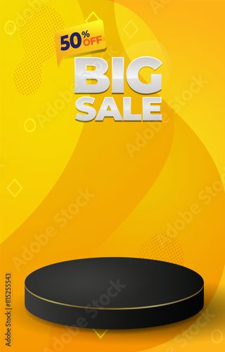 big sale discount portait template banner with blank space 3d podium for product sale with abstract gradient yellow background design2