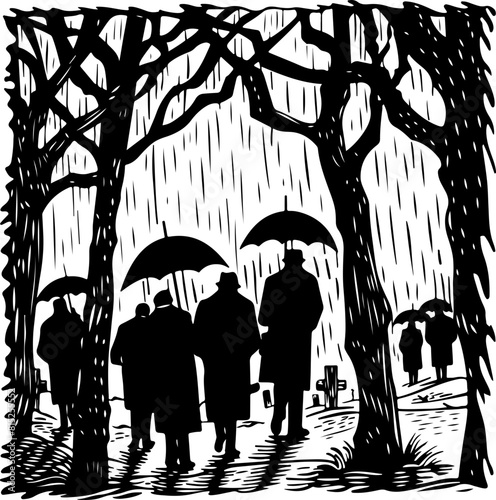 Rainy Funeral Scene with Silhouetted Mourners and Umbrellas