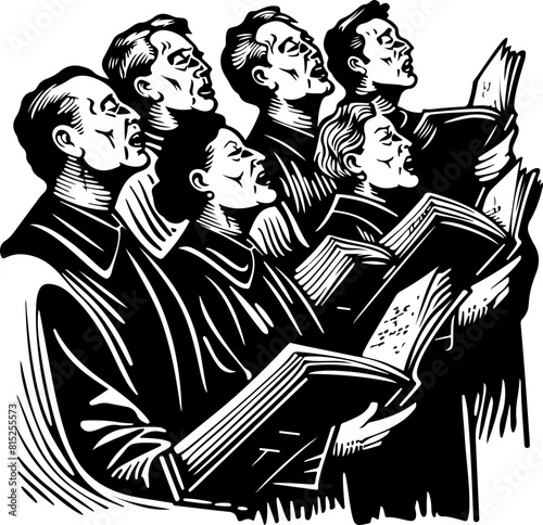 Choral Group Singing with Sheet Music Illustration