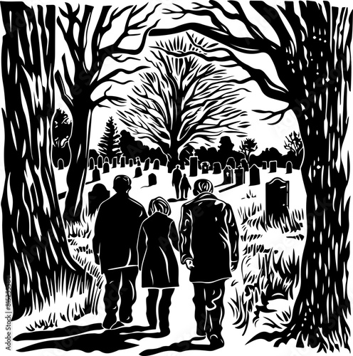 Black and White Cemetery Scene with Three Figures