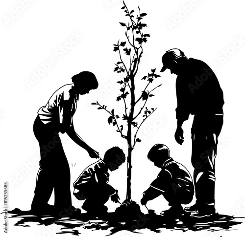 Silhouette Family Planting Tree Together