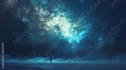 A person is standing on a mountain looking up at the stars