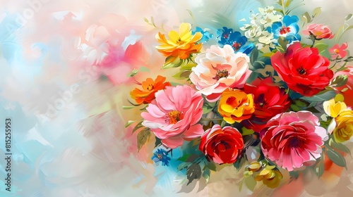 Bouquet of colorful bright flowers on pastel backgrounnd