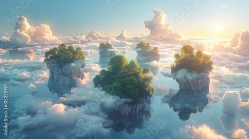 Floating islands with different stages of an idea development, surreal sky, dawn, panoramic view photo
