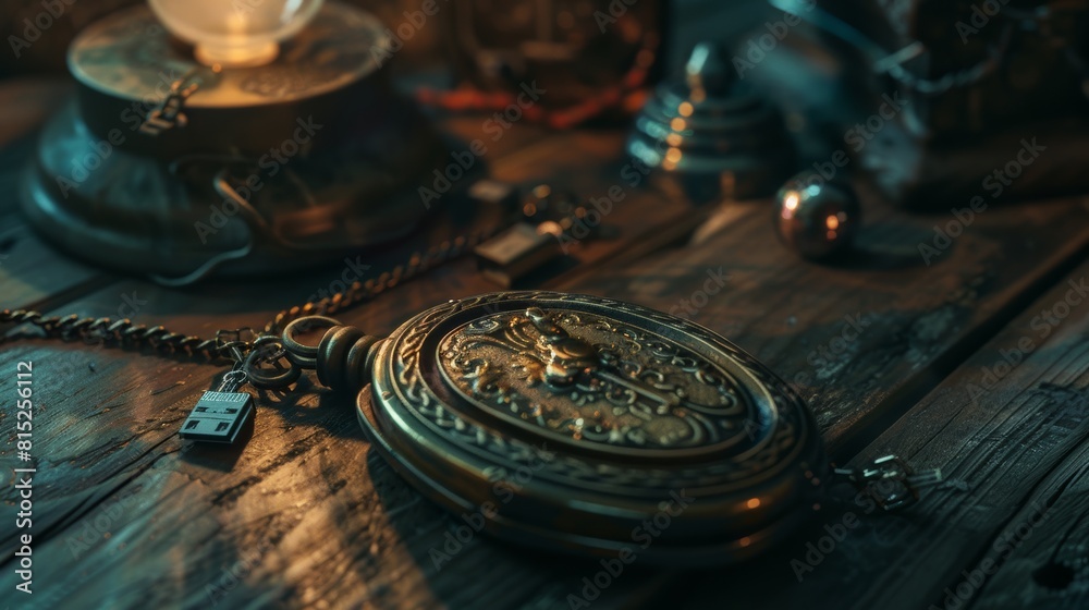 A pocket watch sits on a wooden table next to a key and a lock